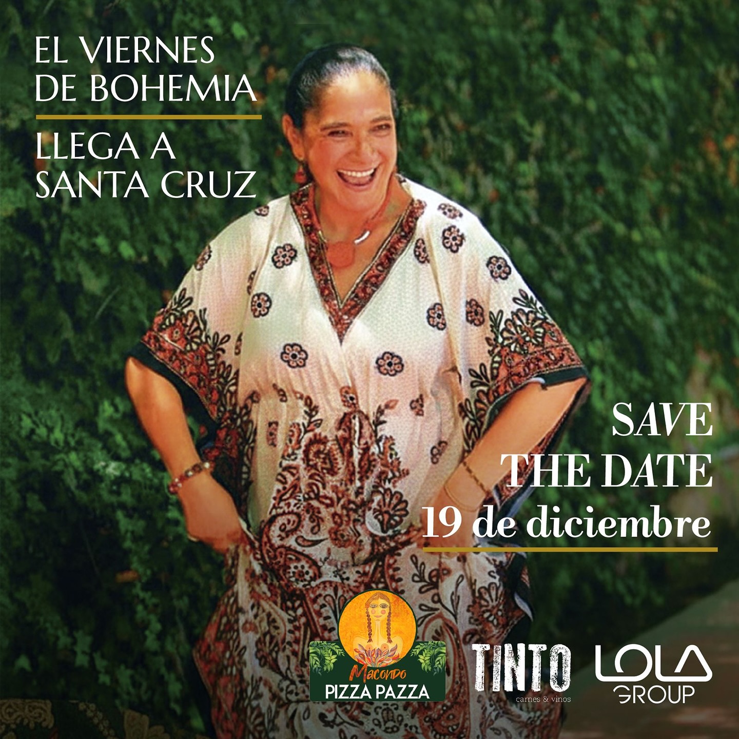 ✨ La magia de los Viernes de Bohemia llega a Santa Cruz ✨

Este próximo viernes 19, celebrá con Pizza Pazza, Tinto y Lola Group, el arte, la música y el encuentro entre amigos, junto a la mejor anfitriona Edith Paz Zamora “La Negra”.

📅 19 de diciembre
📍 Tinto Isuto, Av. Radial 25 - Esquina 3er anillo externo. 
🕣 21:00 hrs.
📲 Reservas al 70901017 

Reservá tu mesa con anticipación y asegurá tu lugar. Cupos limitados