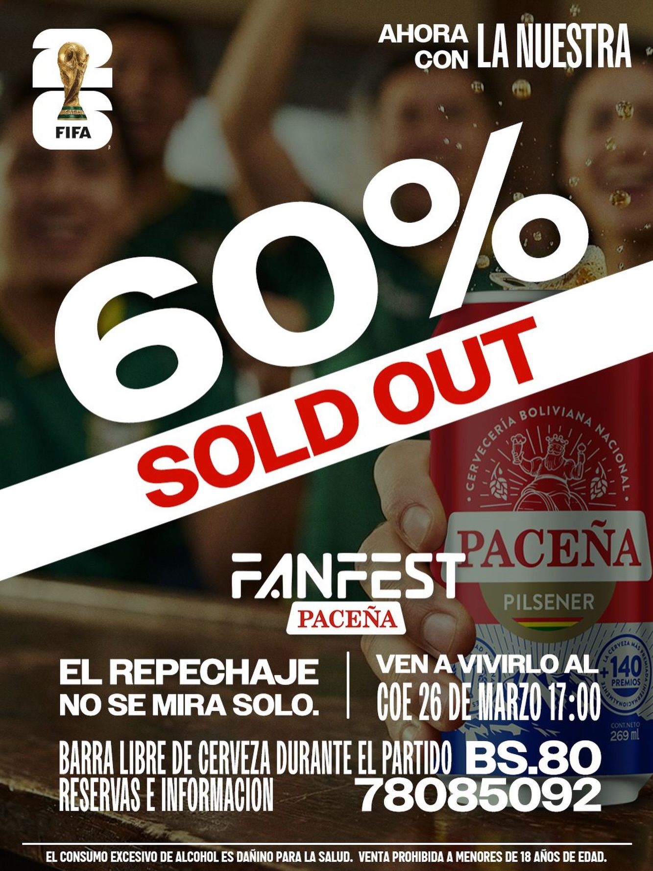 🔥 60% SOLD OUT 🔥
¡Los espacios se están acabando!

Viví el repechaje como se debe 🇧🇴💚
📍 COE – Av. San Martín 4to anillo
⚽ Pantalla gigante
🎶 DJ en vivo
🍺 Cerveza ilimitada durante el partido
🙌 La mejor hinchada

🎟️ Entradas: Bs. 80
👥 Espacios disponibles:
• Lounges (8–10 personas)
• Mesas para 6 y 4

📲 Venta de entradas: https://www.eventrid.bo/eventos/lolagroup/fanfest
Info y ventas de mesas al 78085092

El repechaje no se mira solo… ¡se vive! ⚽🔥
